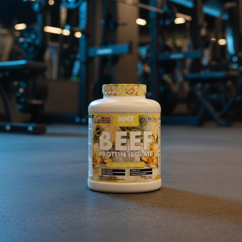 Beef protein isolate container on a gym floor with blurred equipment in the background