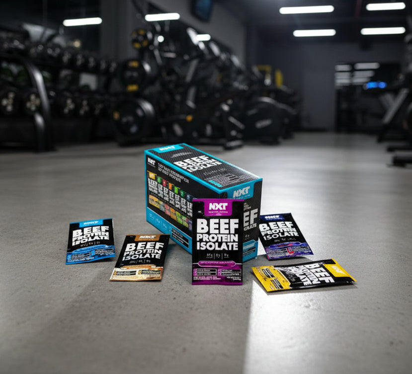 NXT beef protein isolate packaging on a gym floor with exercise equipment in the background