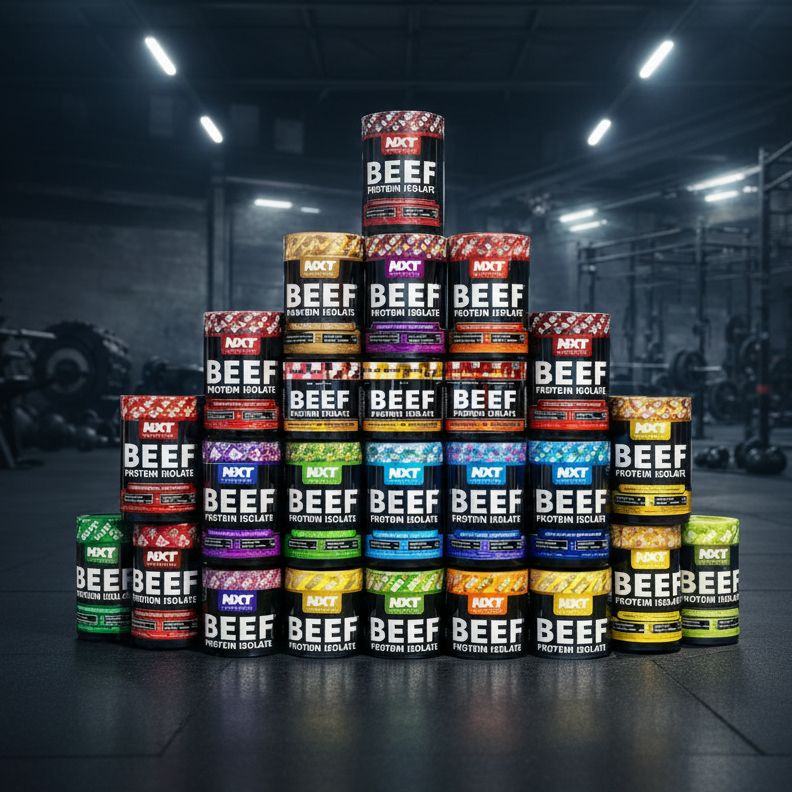 Stack of various flavors of NXT Beef Protein Isolate containers in a gym setting.