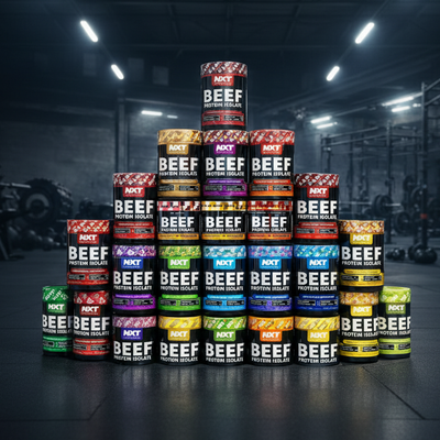 Stack of various flavors of NXT Beef Protein Isolate containers in a gym setting.