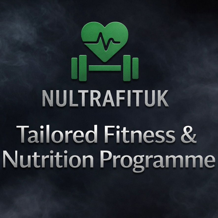 NULTRAFITUK Tailored Fitness & Nutrition Programme promotional image featuring the NULTRAFITUK logo on a dark background with silver text, representing personalised training and nutrition plans.