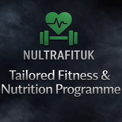 NULTRAFITUK Tailored Fitness & Nutrition Programme promotional image featuring the NULTRAFITUK logo on a dark background with silver text, representing personalised training and nutrition plans.