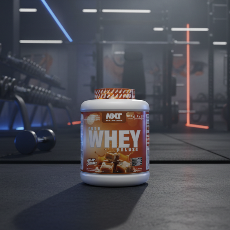 NXT Nutrition Pure Whey Deluxe Salty Caramel protein powder container
