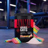 Black container of Animal Cuts supplement with rainbow candy on a gym floor.