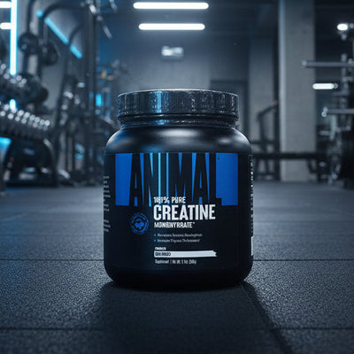Black container of Animal 100% Pure Creatine Monohydrate on a gym background