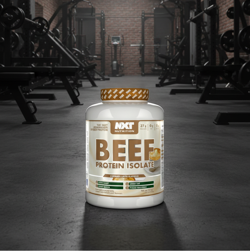 Beef protein isolate container with 'NXT Nutrition' branding in a gym setting
