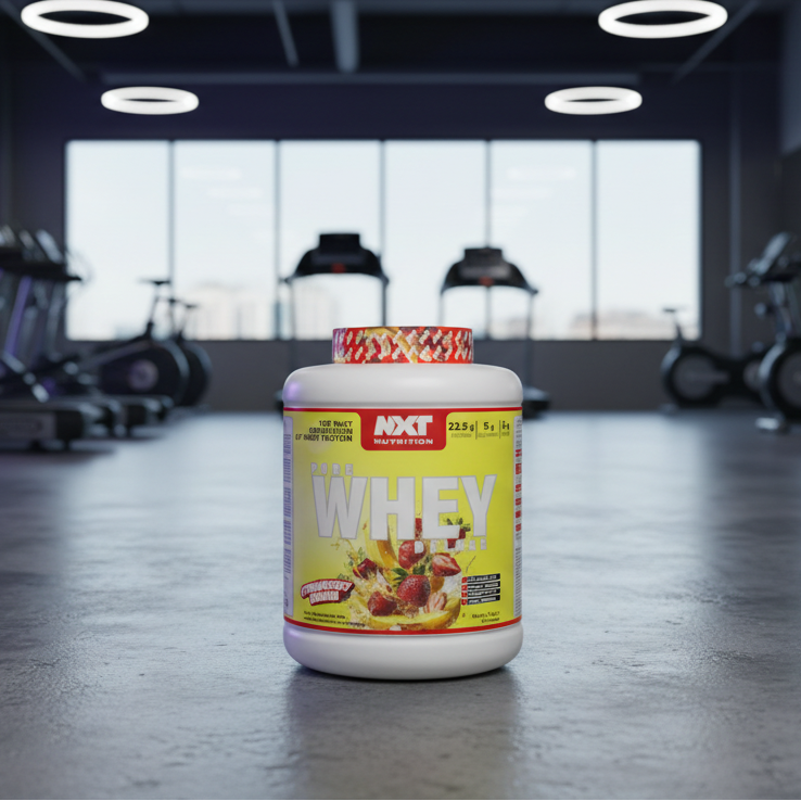 NXT Nutrition Pure Whey Deluxe protein powder container with strawberry banana flavour on a white background