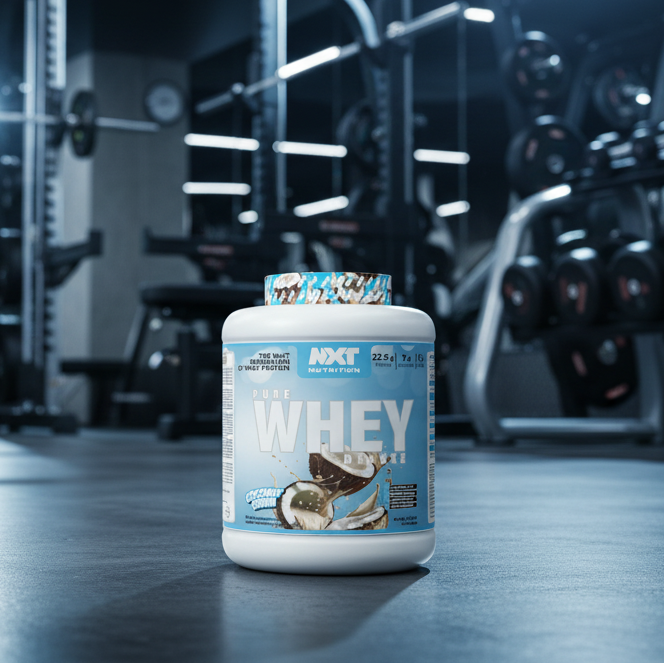 NXT Nutrition Pure Whey Deluxe protein powder container with coconut cream flavour on a gym background