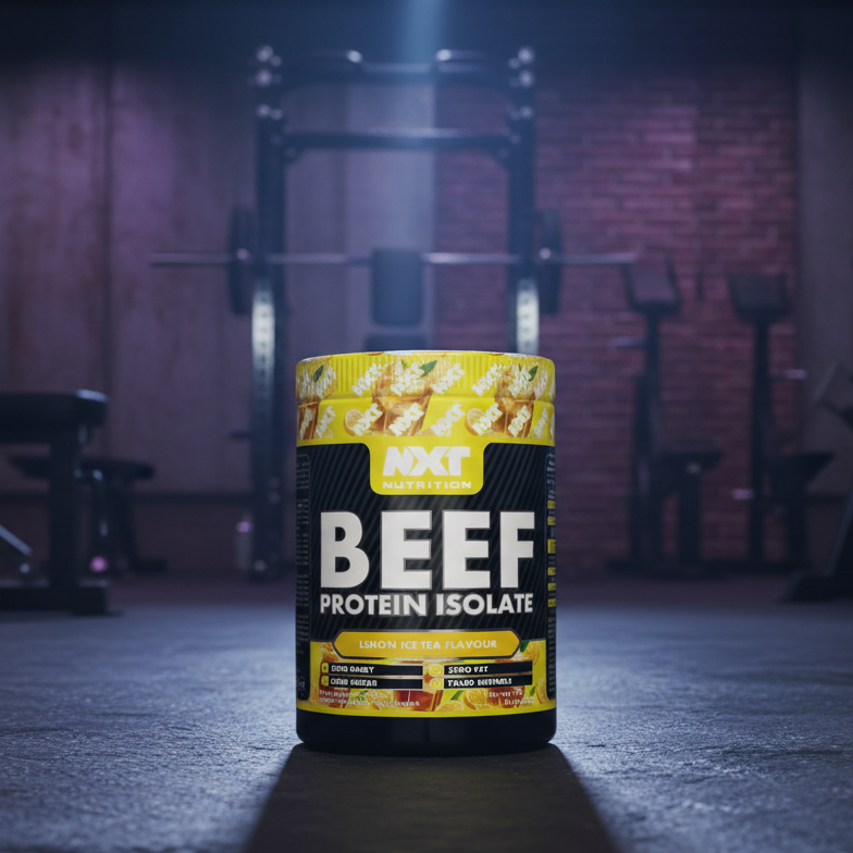 Beef protein isolate container with gym equipment in the background