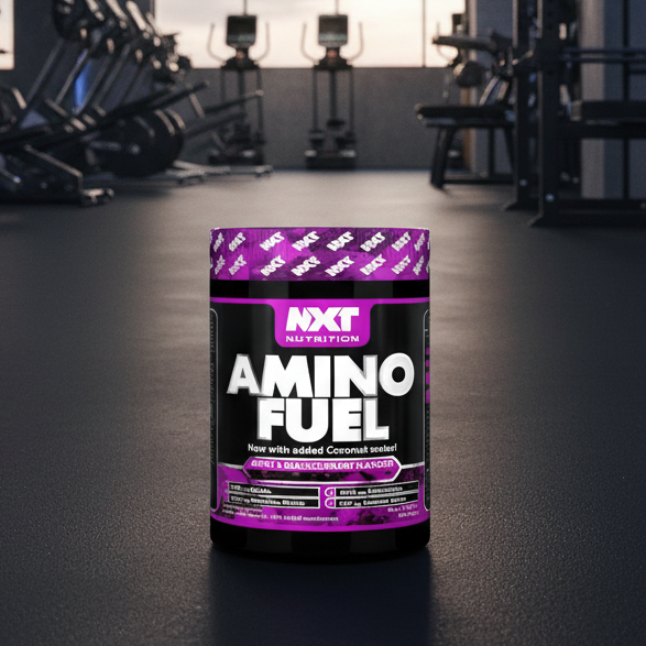Container of NXT Nutrition Amino Fuel in a gym setting