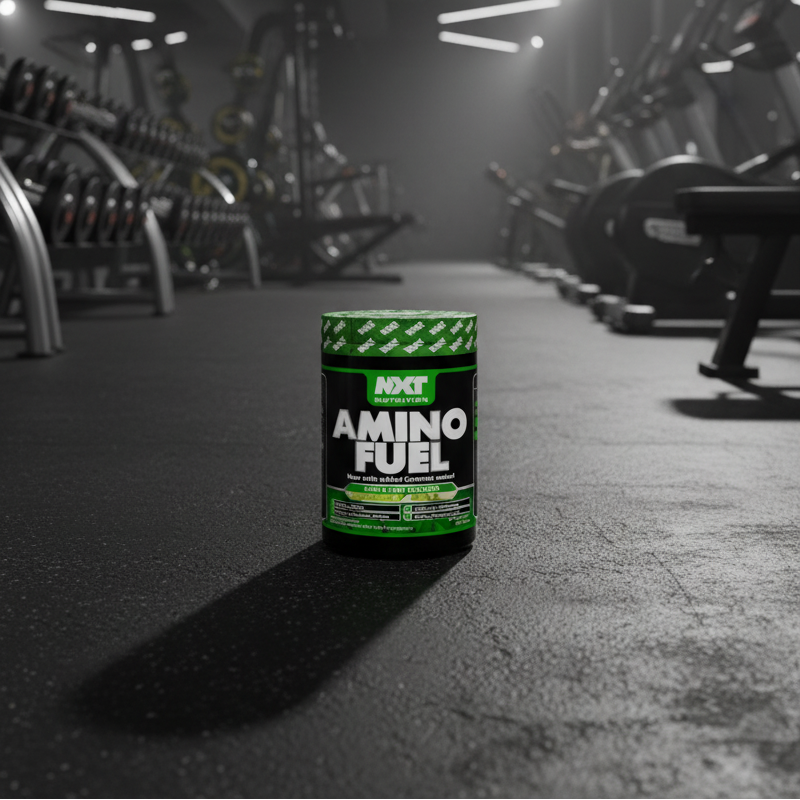 Amino acid supplement container labeled 'Amino Fuel' in a gym setting