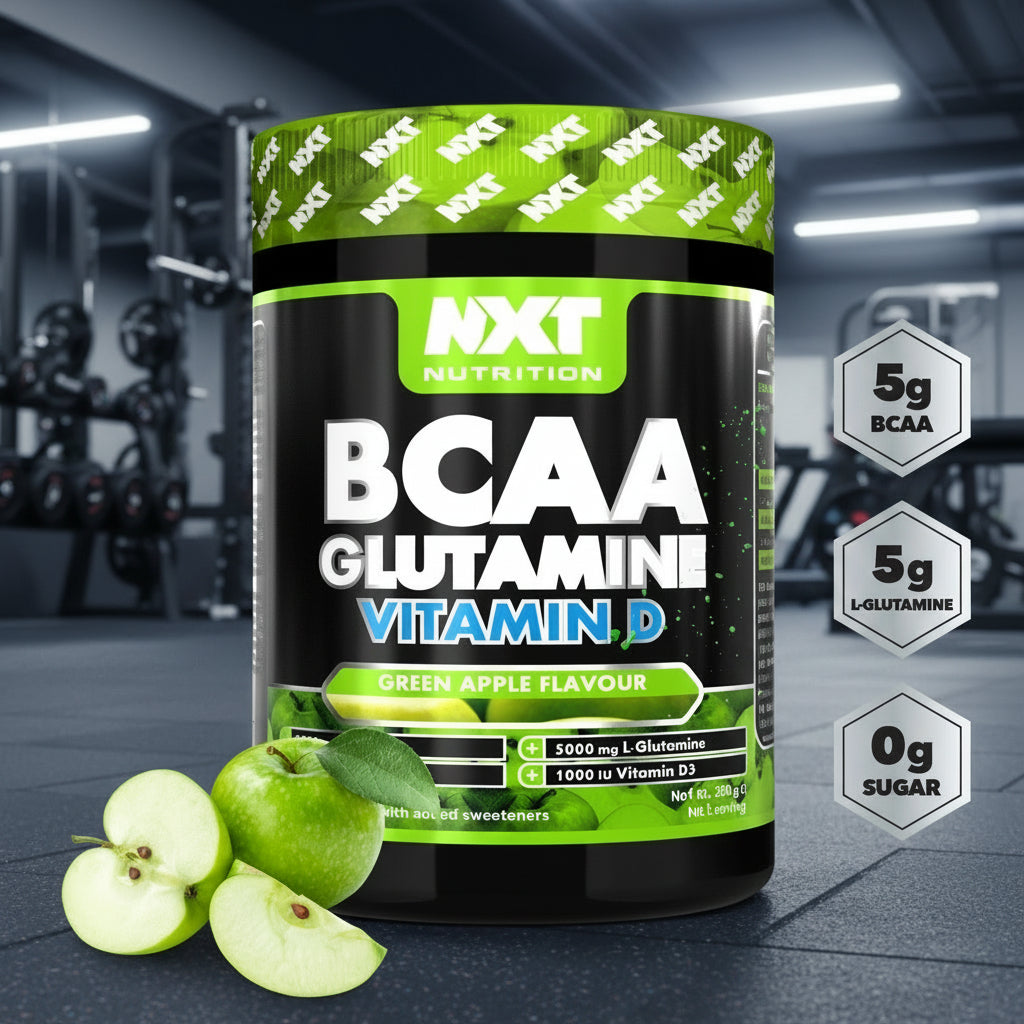NXT Nutrition BCAA Glutamini Vitamin D supplement container with green apples in a gym setting