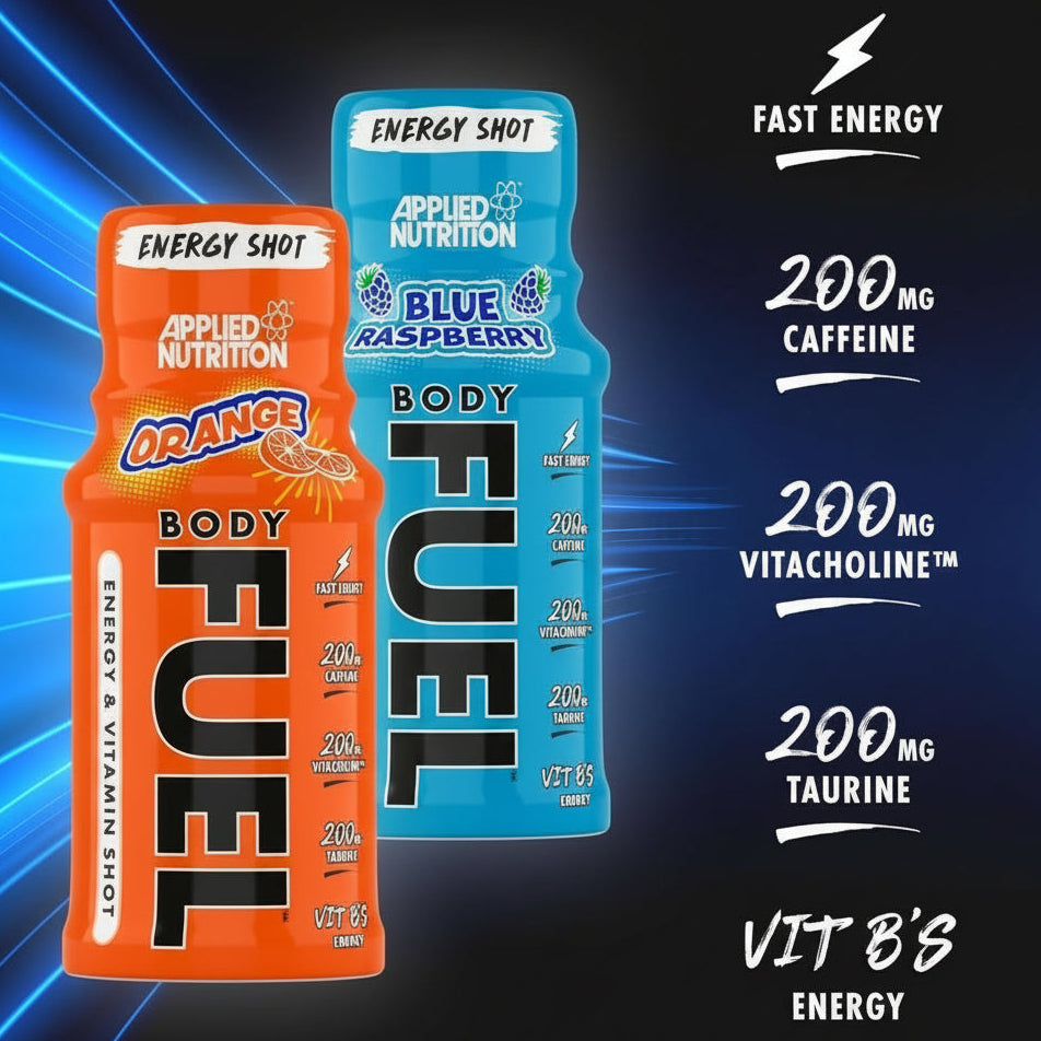 Two energy shot bottles, one orange and one blue, with Applied Nutrition branding on a dark background.