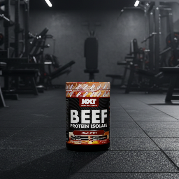 Container of beef protein isolate in a gym setting
