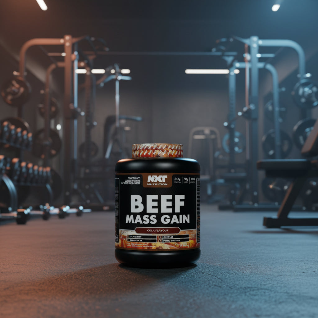 Beef Mass Gain supplement container with NXT Nutrition branding on a gym background
