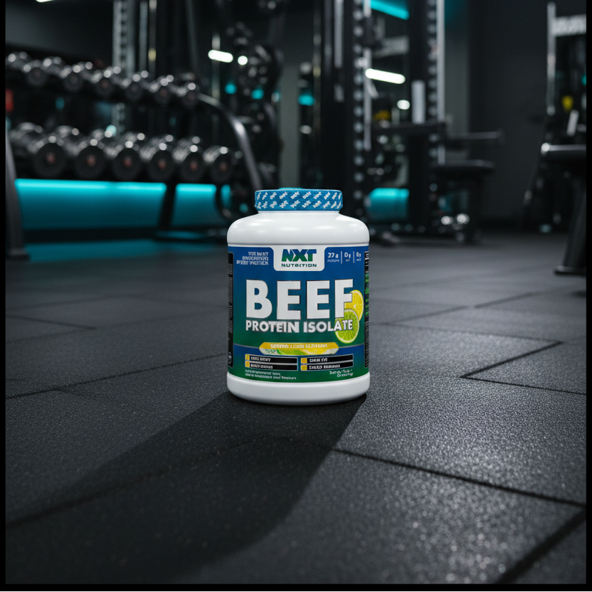 Beef protein isolate container on a gym floor with equipment in the background