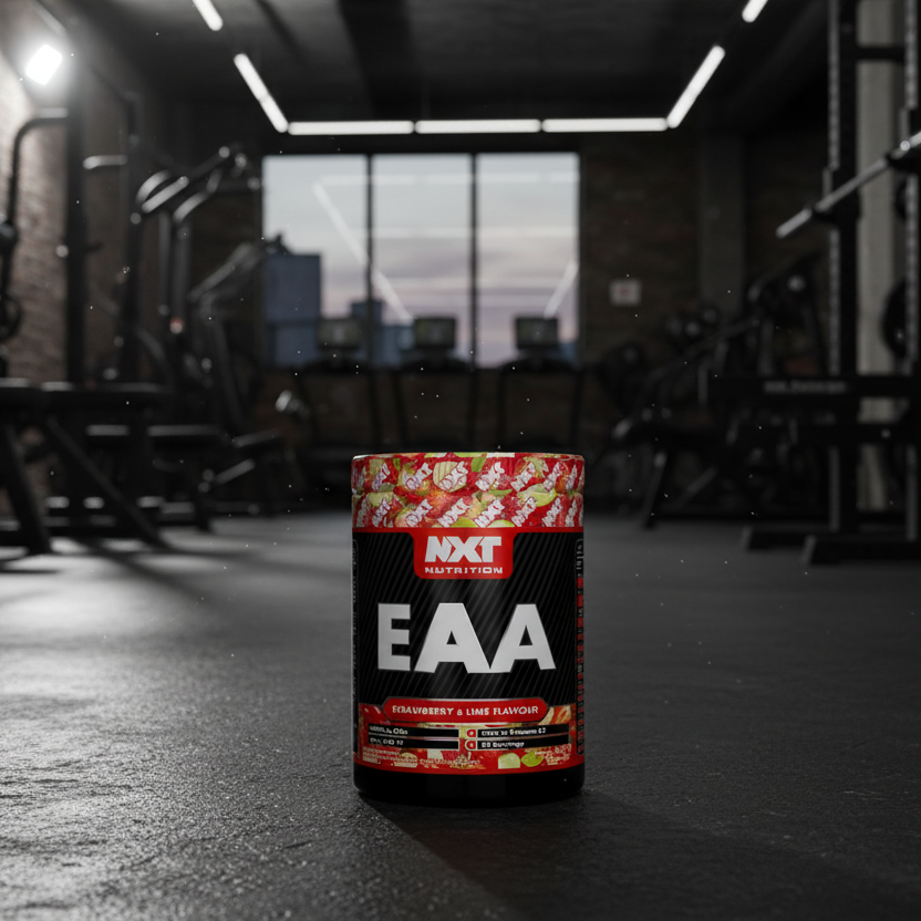 NXT Nutrition EAA supplement container with strawberry and lime flavor on a white background