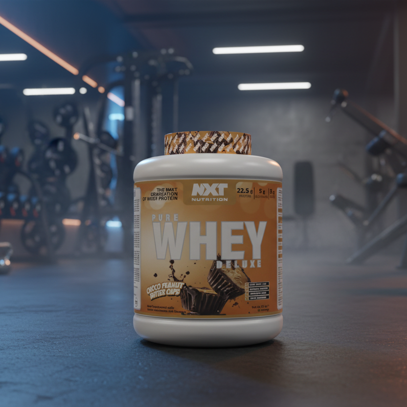 NXT Nutrition Pure Whey Deluxe Choco Peanut Butter Cups protein powder container on a gym background