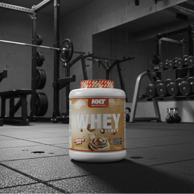 NXT Nutrition Pure Whey Deluxe protein powder container with cinnamon swirl flavour.