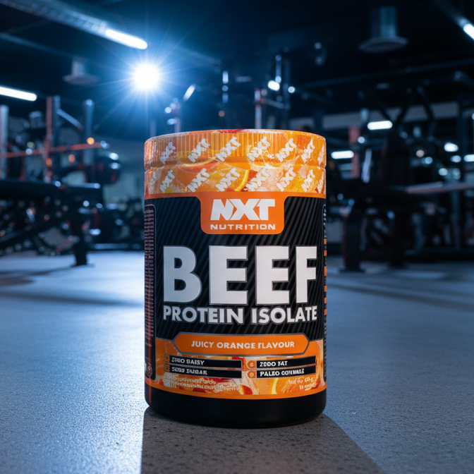 Beef protein isolate container with 'NXT Nutrition' branding in a gym setting