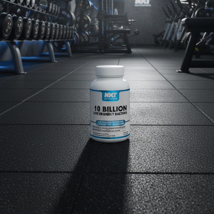 NXT Nutrition supplement bottle with 10 billion live friendly bacteria claim on a gym background