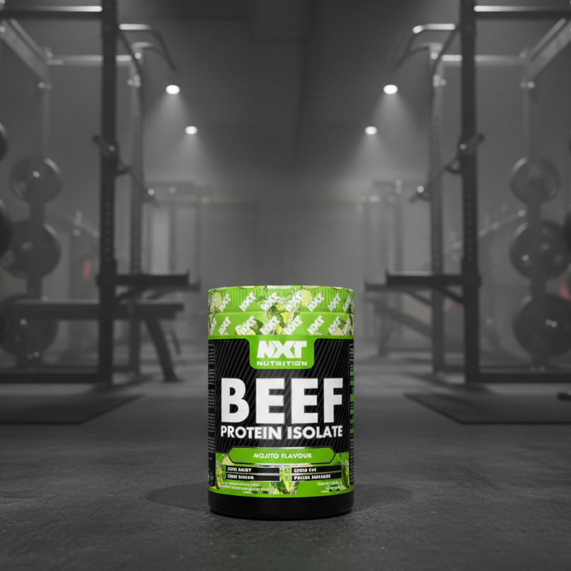 Beef protein isolate container in a gym setting