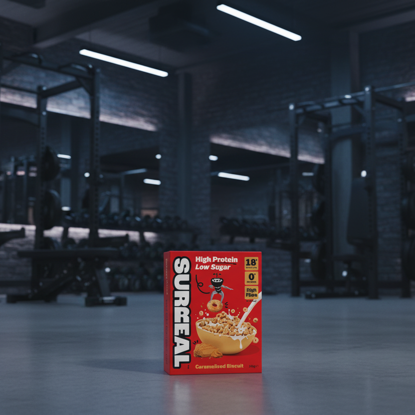 Box of Surreal cereal in a gym setting