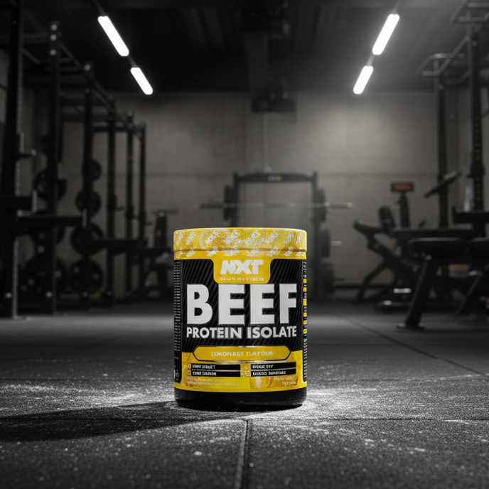 Beef protein isolate container in a gym setting