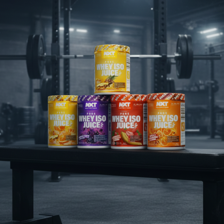 Stack of NXT Nutrition whey iso juice containers in various flavors with a gym background.