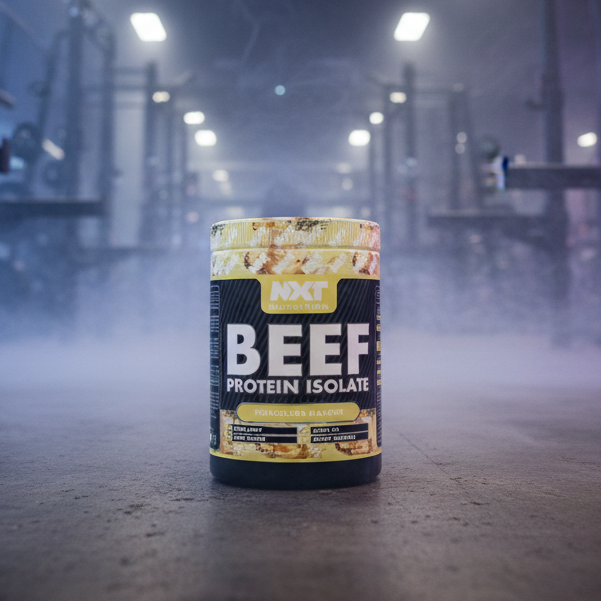 Beef protein isolate container in a gym setting with foggy atmosphere