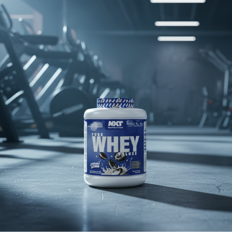 NXT Nutrition Pure Whey Luxe protein powder container with cookies and cream flavour on a gym background