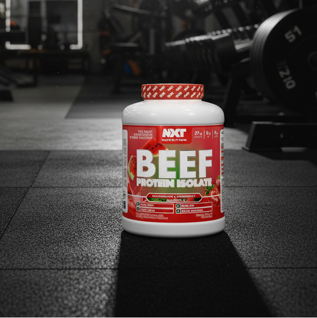NXT Beef Protein Isolate container on a gym floor with gym equipment in the background