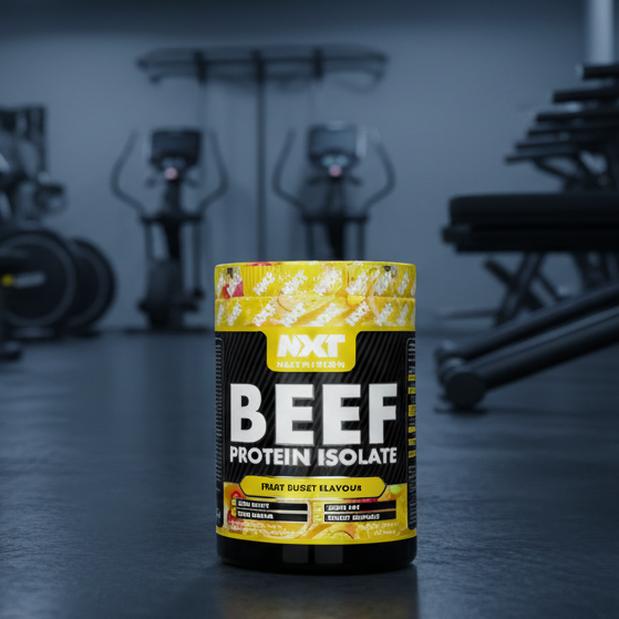 Beef protein isolate container in a gym setting