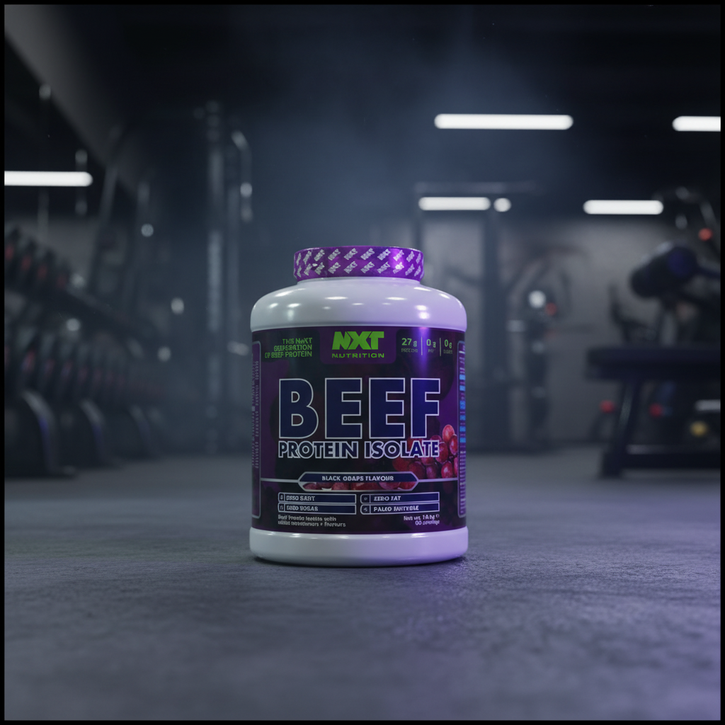 Beef protein isolate container with a gym background
