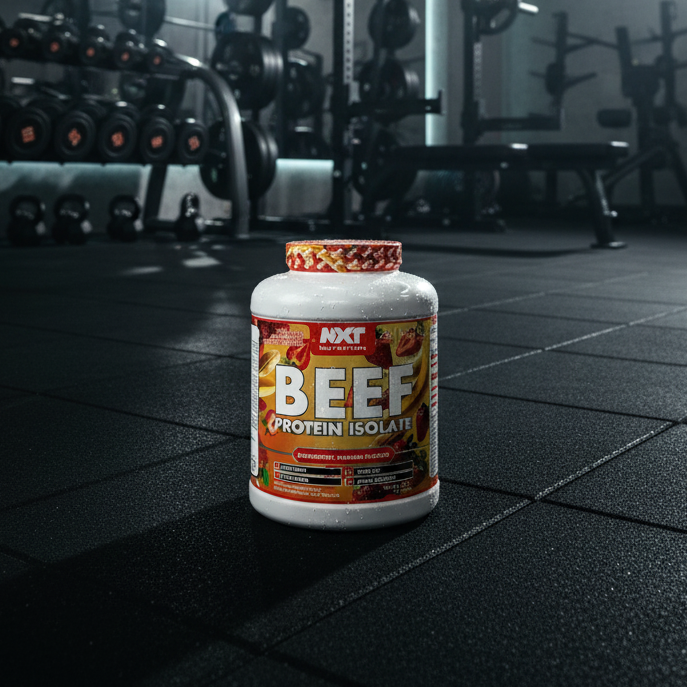 Beef protein isolate container on a gym floor with weights and exercise equipment in the background