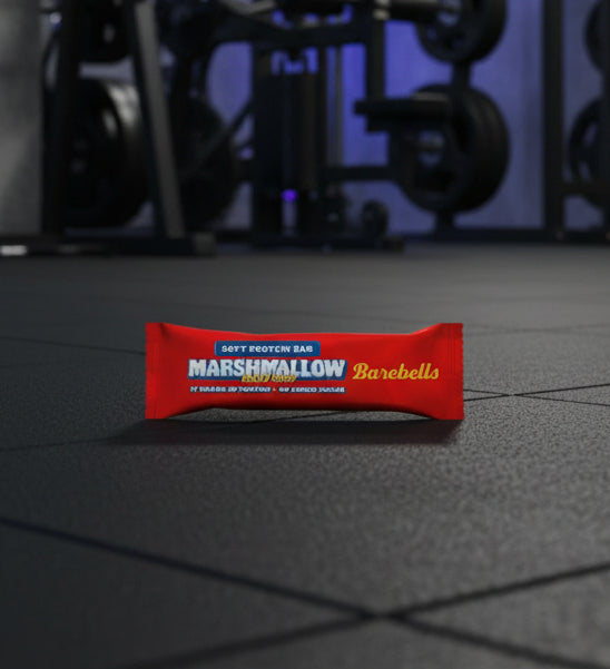 Barebells Marshmallow protein bar on a gym floor with weights in the background