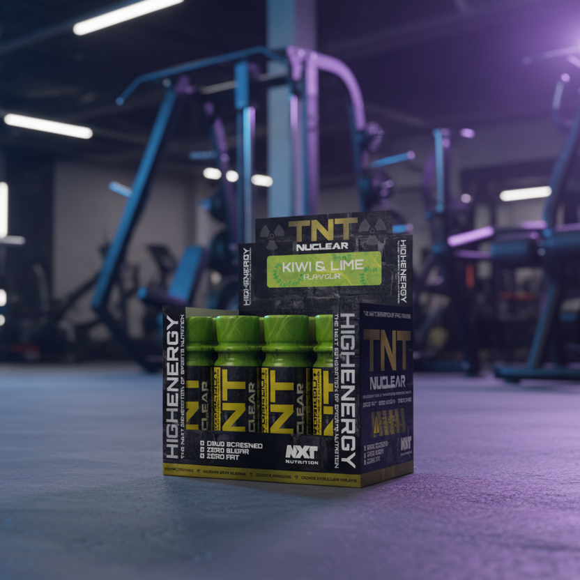 TNT Nuclear energy drink mix packaging in a gym setting