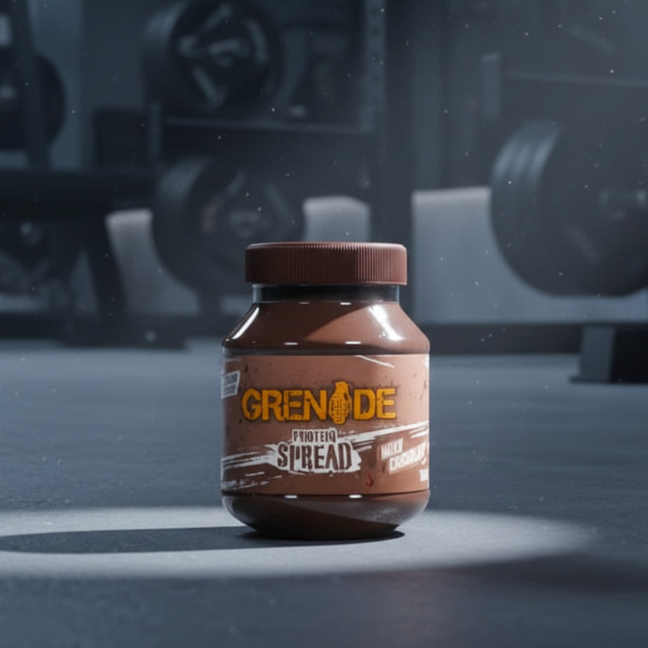 Jar of Grenade Spread on a gym floor with weightlifting equipment in the background