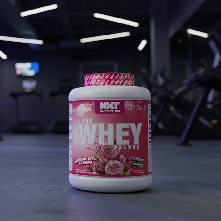 NXT Nutrition Pure Whey Deluxe Raspberry Ripple Ice Cream protein powder container