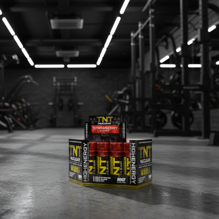 Box of TNT Nucleare energy drinks in a gym setting