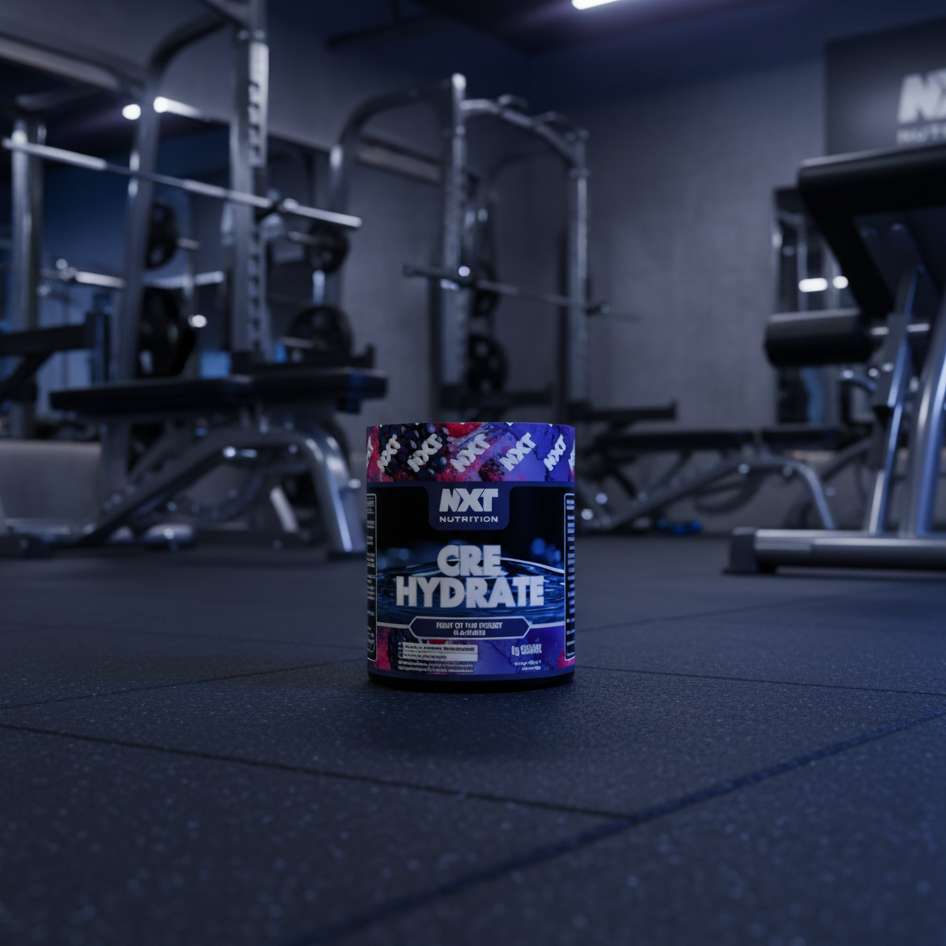Container of Nytro Nutrition Cre Hydrate in a gym setting