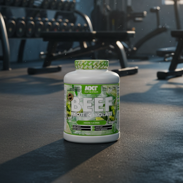 Beef protein powder container on a gym floor with equipment in the background