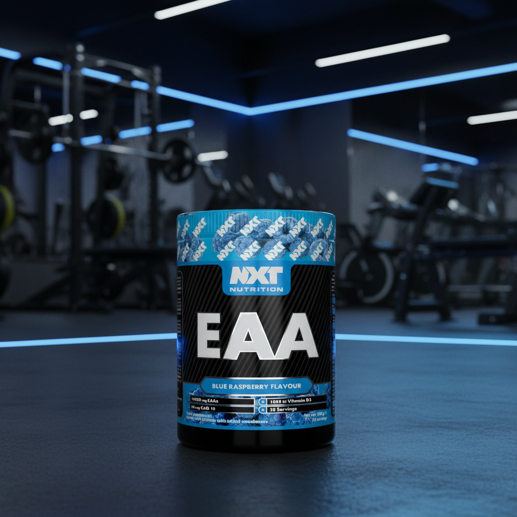 NXT Nutrition EAA supplement container in a gym setting