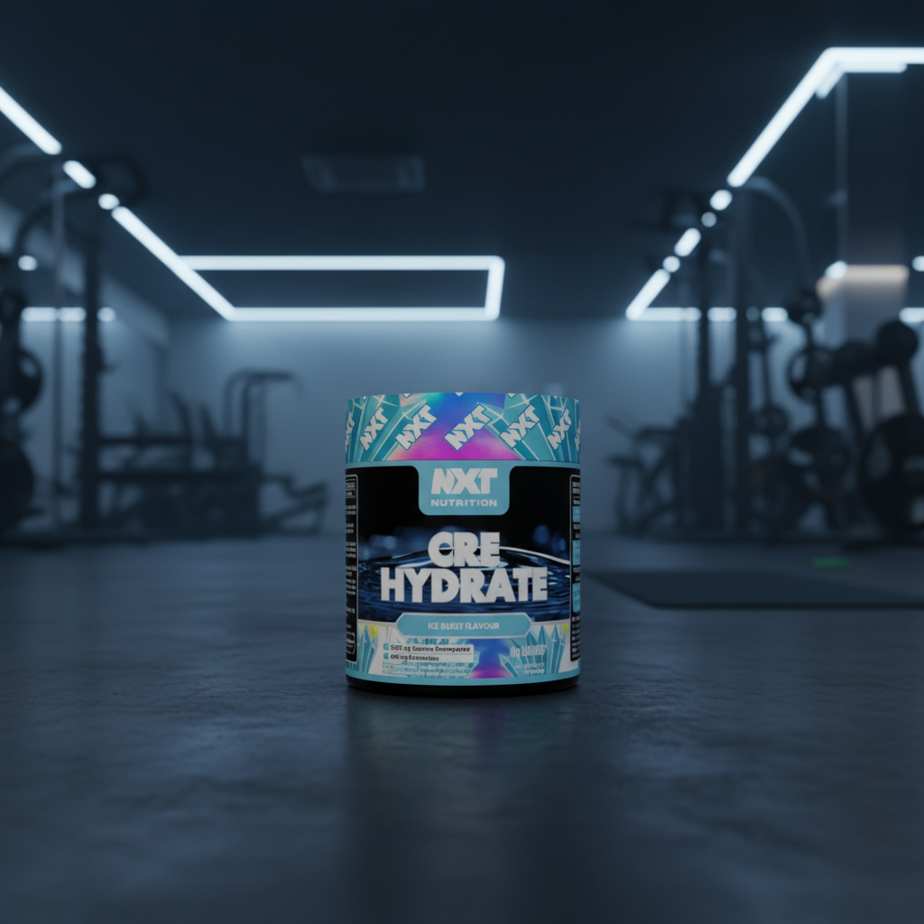 Container of NXT Nutrition Cre Hydrate in a gym setting with neon lights.