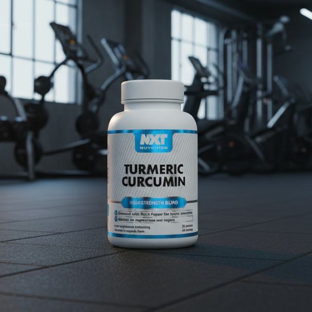 NXT Nutrition Turmeric Curcumin supplement bottle on a gym background