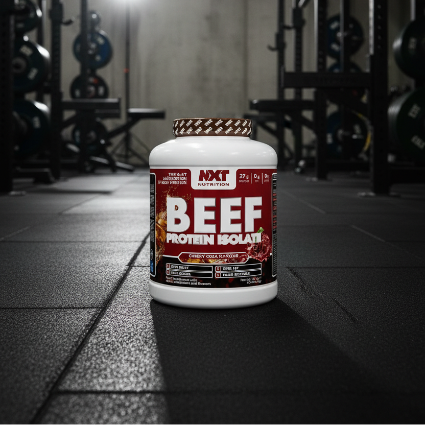 Beef protein isolate container on a gym floor with equipment in the background