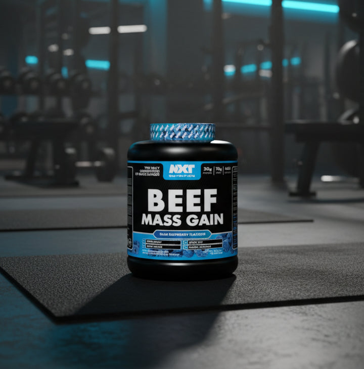 Beef Mass Gain supplement container with NXT Nutrition branding on a gym background