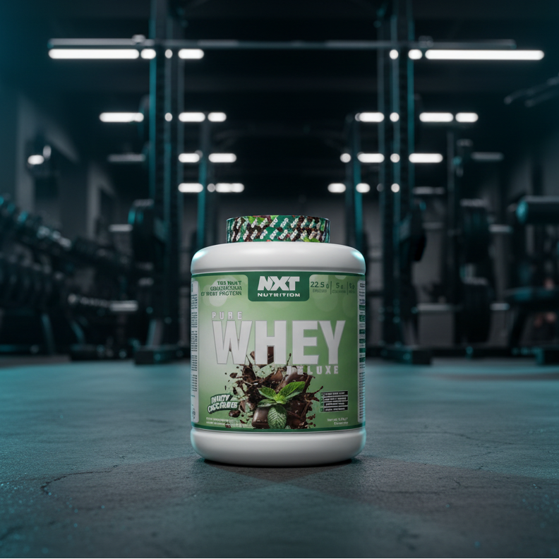 NXT Nutrition Pure Whey Deluxe protein powder container with minty chocolate flavour on a gym background