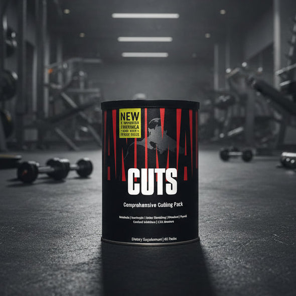 Dietary supplement container labeled 'CUTS' with red and black design on a gym background