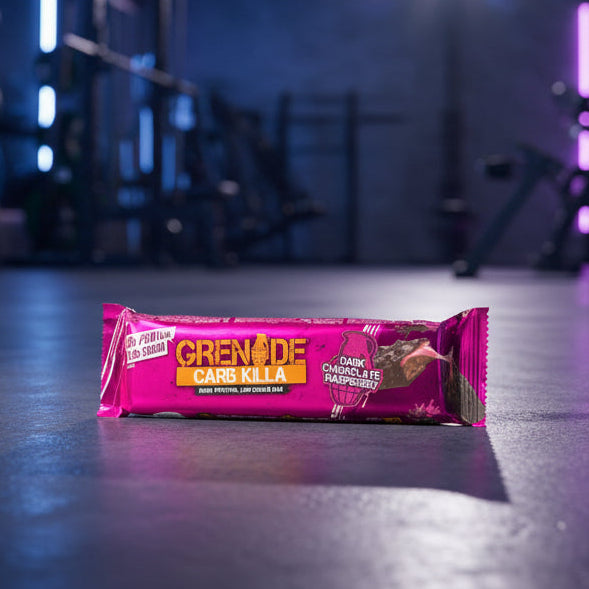 Pink Grenade Carb Killa bar on a gym floor with equipment in the background